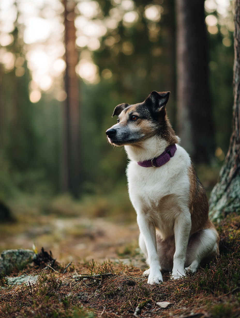 Photo of a dog in the woods, wearing a purple collar